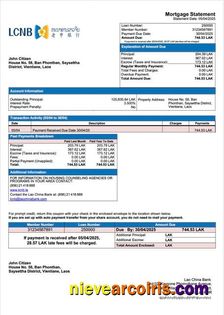 Laos Lao China Bank mortgage statement Word and PDF template